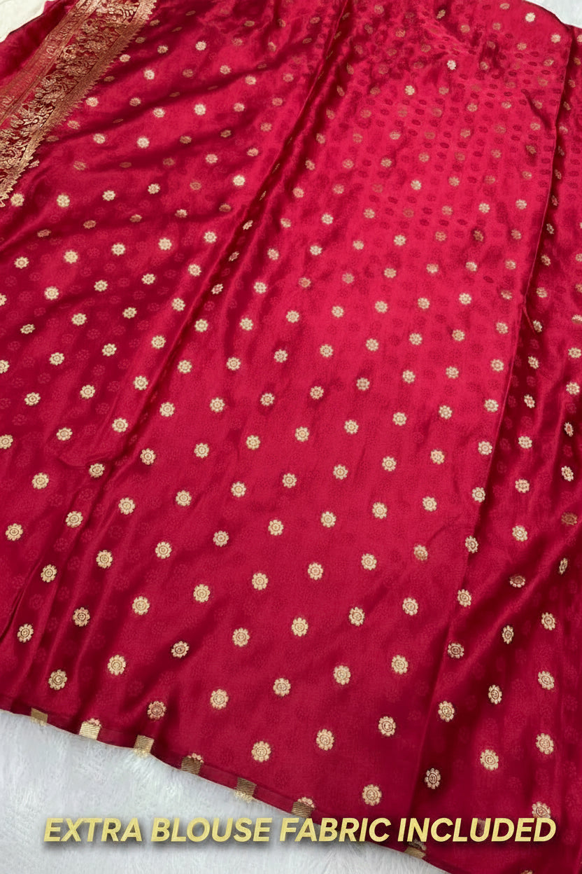 Anula Nexus Red White Zarkhan Woven Viscose Satin Saree With Stitched Designer Blouse and Unstitched Blouse Piece-1
