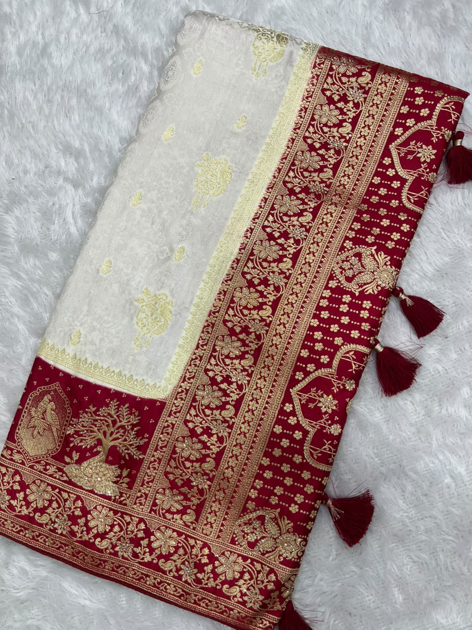 Anula Nexus Red White Zarkhan Woven Viscose Satin Saree With Stitched Designer Blouse and Unstitched Blouse Piece-2