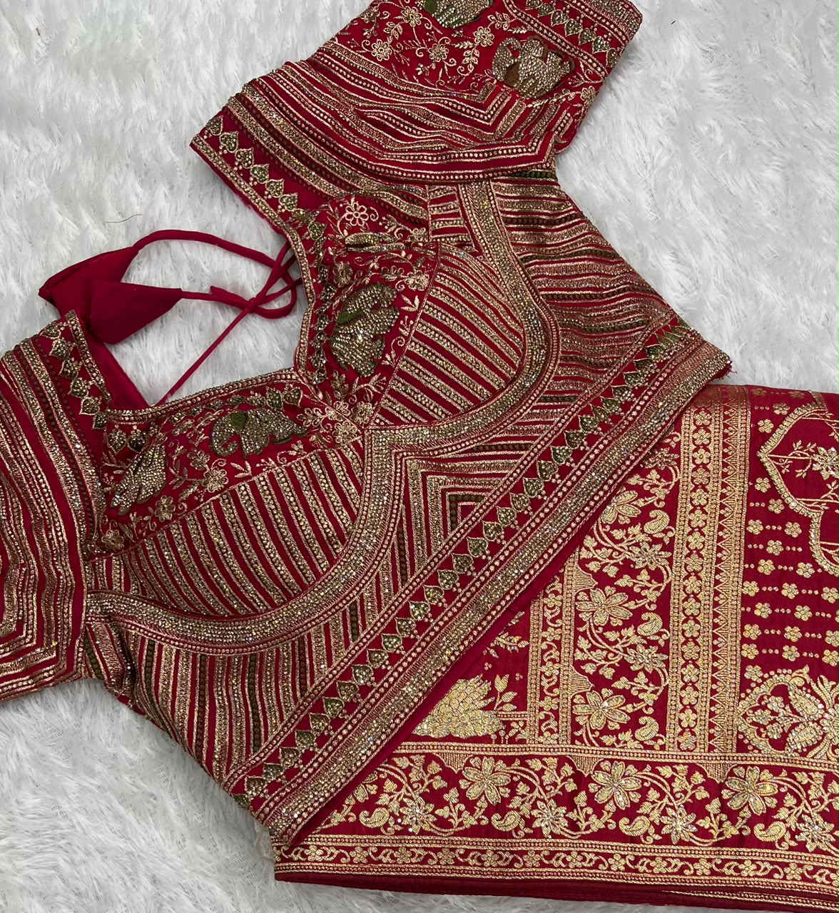 Anula Nexus Red White Zarkhan Woven Viscose Satin Saree With Stitched Designer Blouse and Unstitched Blouse Piece-7