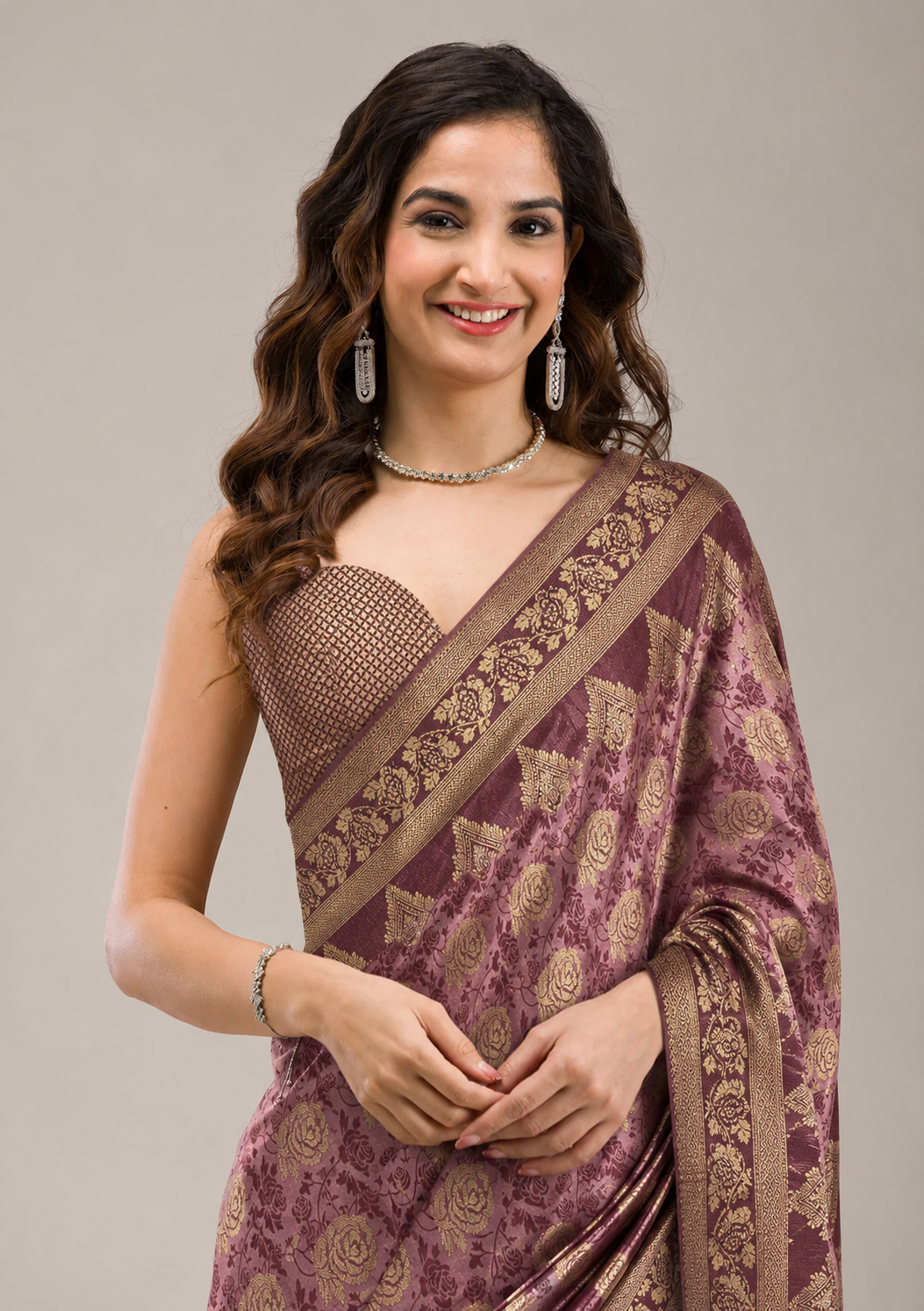 Anula Nexus Rose Gold Satin Saree With Woven Floral Motifs, Designer Pallu & Unstitched Blouse Piece-01