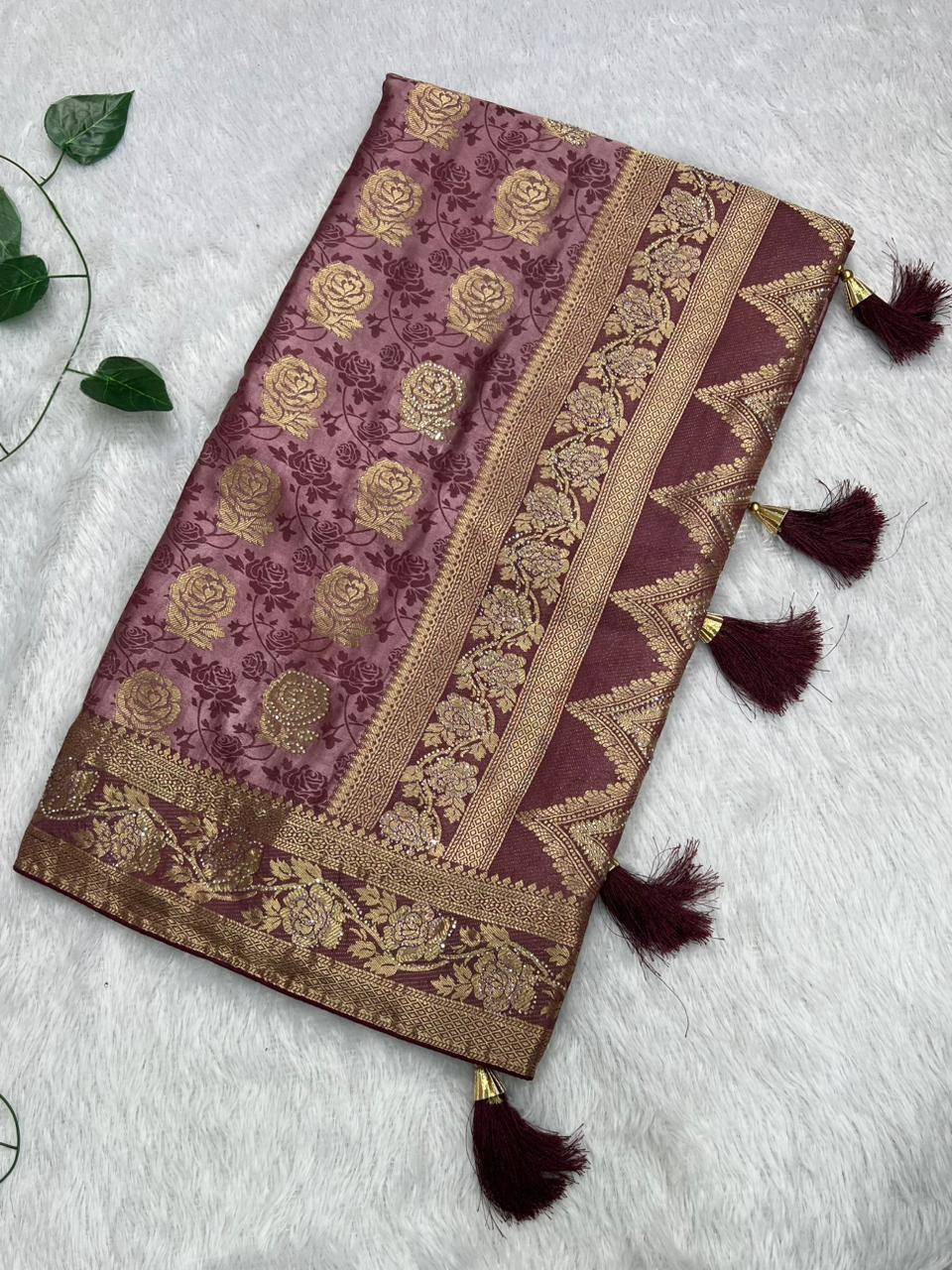 Anula Nexus Rose Gold Satin Saree With Woven Floral Motifs, Designer Pallu & Unstitched Blouse Piece-1