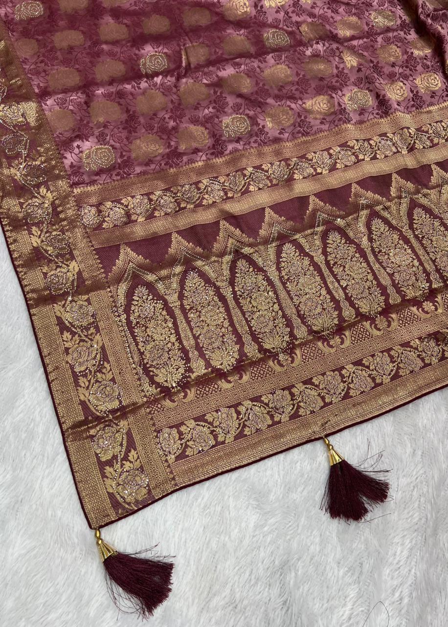 Anula Nexus Rose Gold Satin Saree With Woven Floral Motifs, Designer Pallu & Unstitched Blouse Piece-4