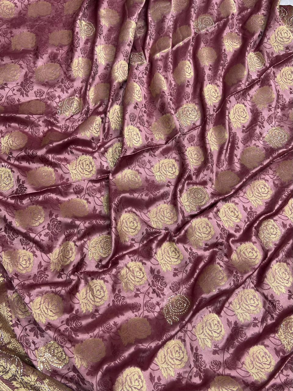 Anula Nexus Rose Gold Satin Saree With Woven Floral Motifs, Designer Pallu & Unstitched Blouse Piece-5
