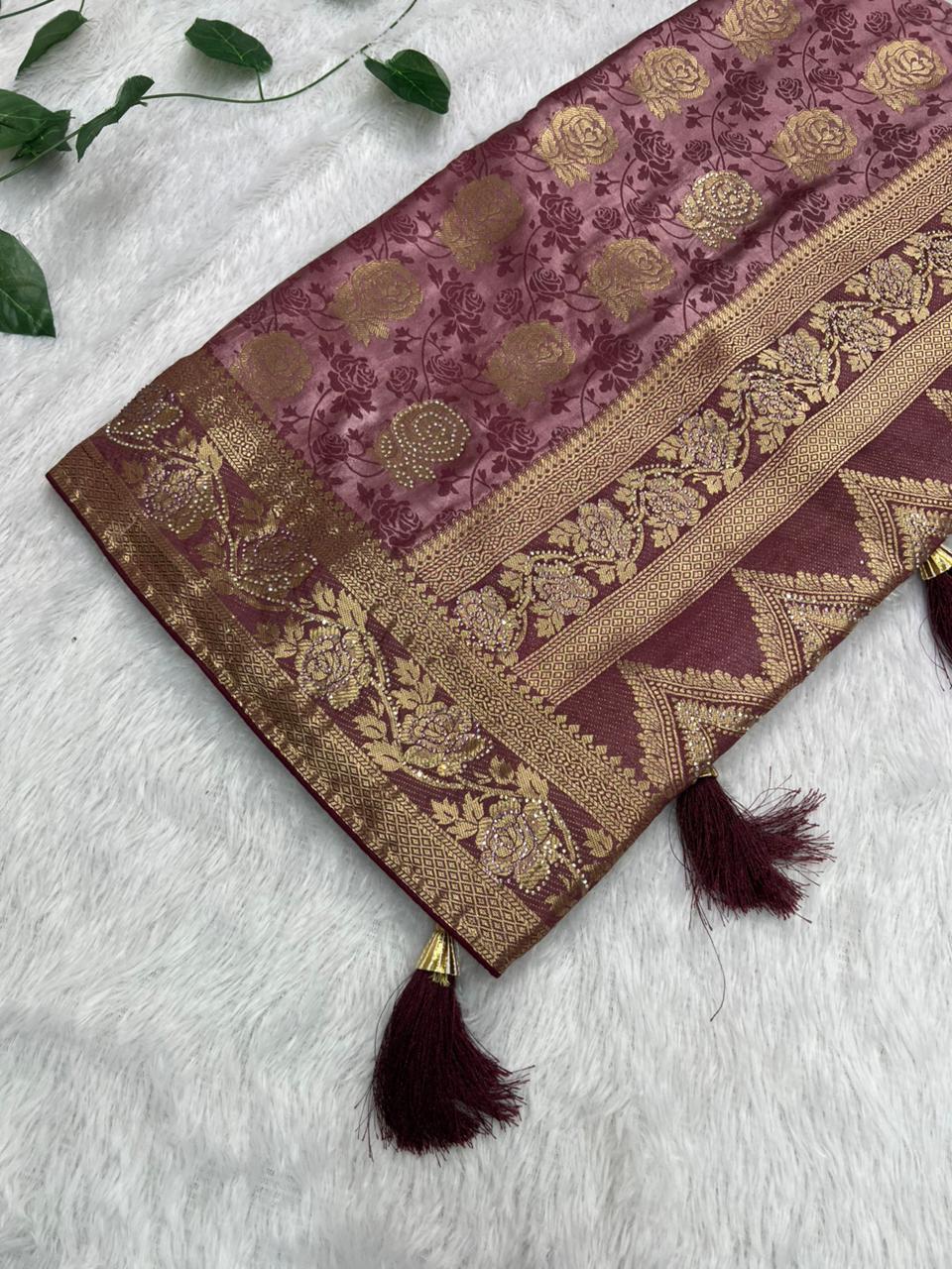 Anula Nexus Rose Gold Satin Saree With Woven Floral Motifs, Designer Pallu & Unstitched Blouse Piece-6