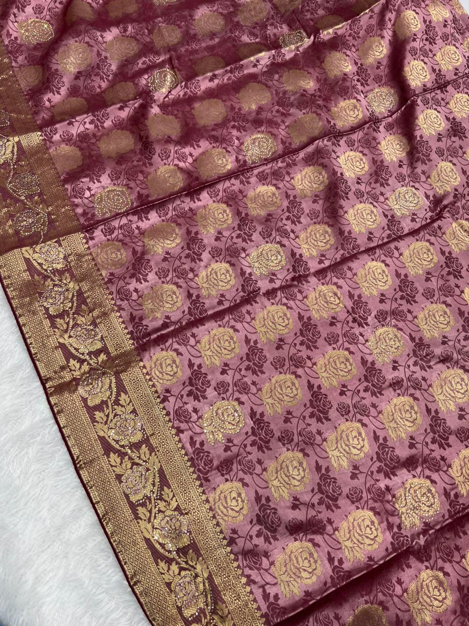 Anula Nexus Rose Gold Satin Saree With Woven Floral Motifs, Designer Pallu & Unstitched Blouse Piece-7