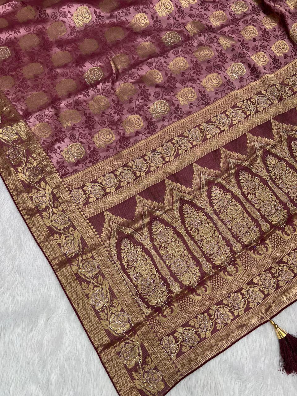 Anula Nexus Rose Gold Satin Saree With Woven Floral Motifs, Designer Pallu & Unstitched Blouse Piece-8
