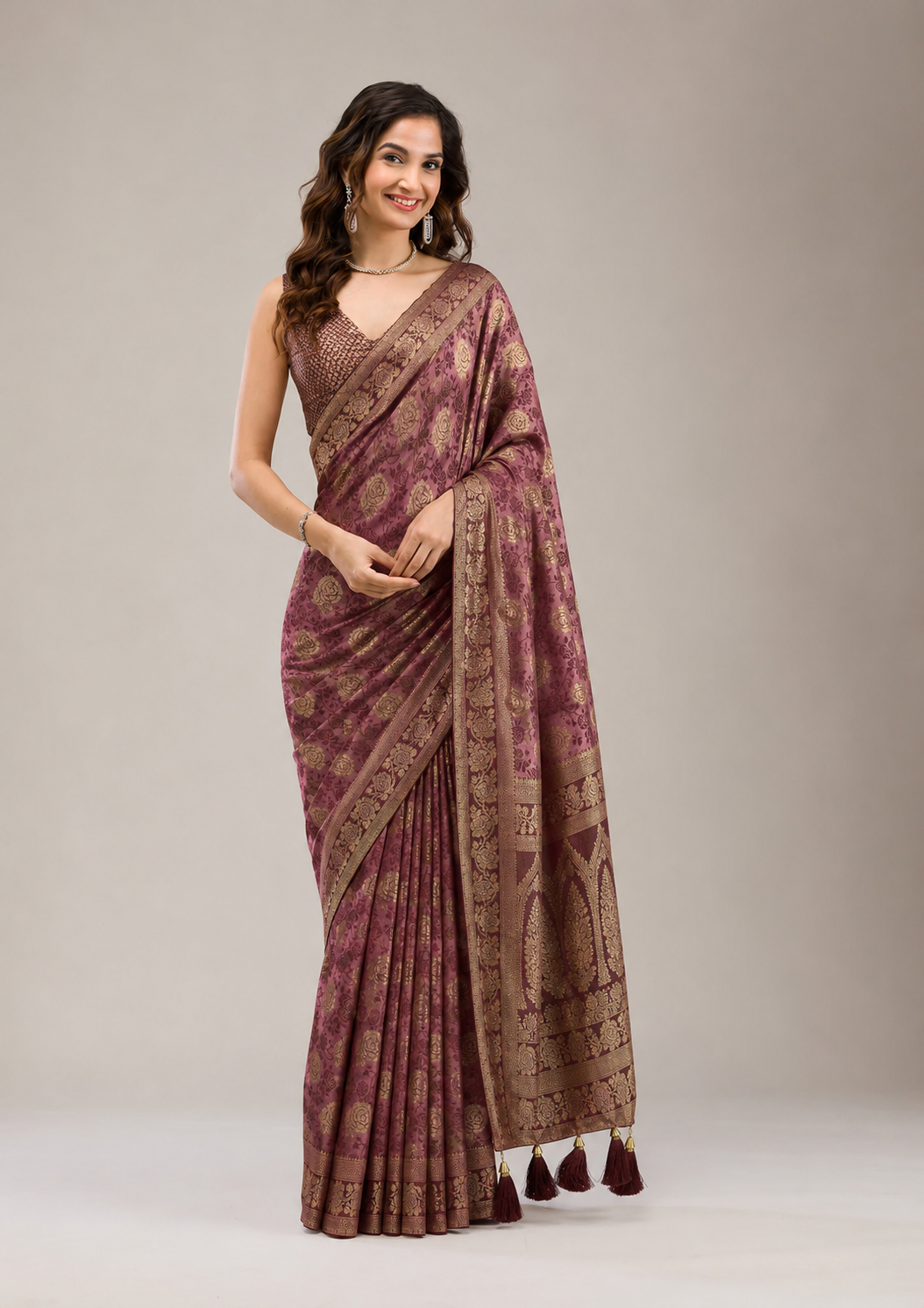 Anula Nexus Rose Gold Satin Saree With Woven Floral Motifs, Designer Pallu & Unstitched Blouse Piece