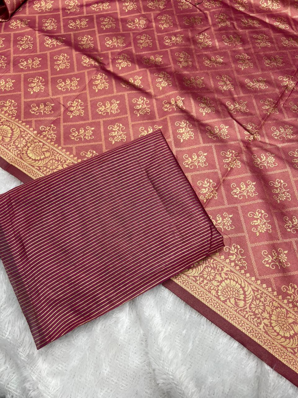 Anula Nexus Rose Pink Cotton Saree With Floral Butta Weaving, Rich Zari Pallu & Matching Unstitched Blouse Piece-2