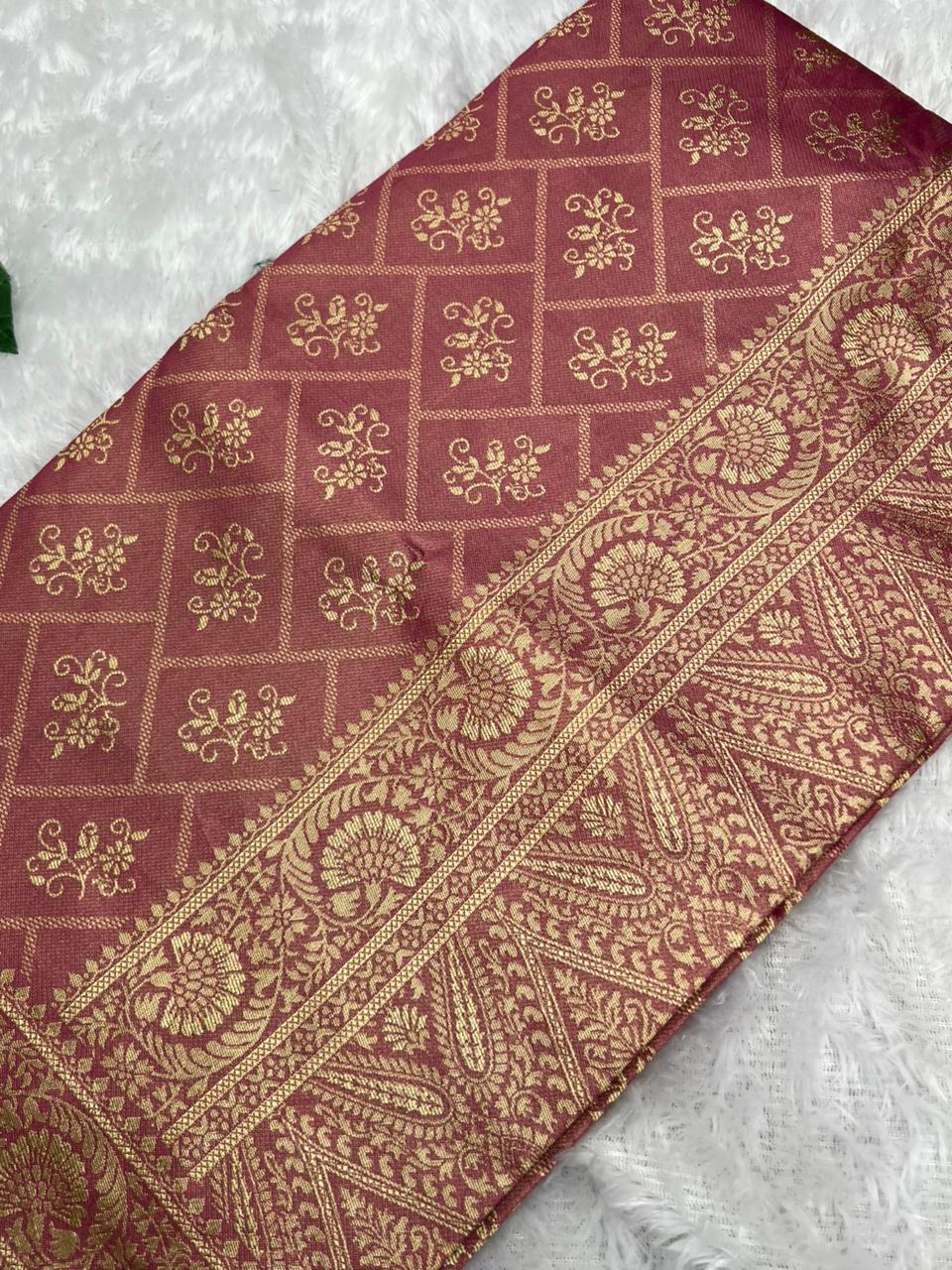 Anula Nexus Rose Pink Cotton Saree With Floral Butta Weaving, Rich Zari Pallu & Matching Unstitched Blouse Piece-3