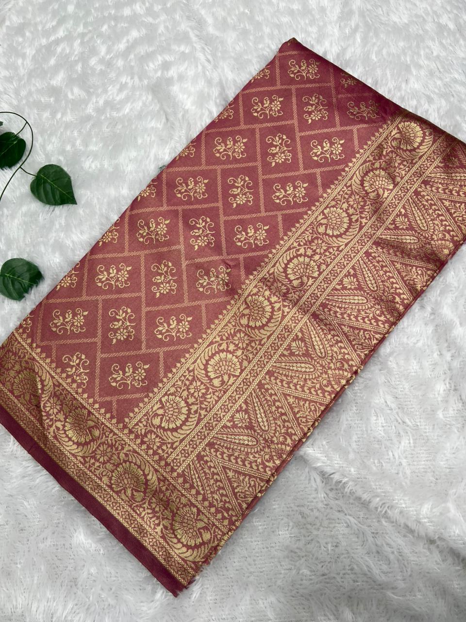 Anula Nexus Rose Pink Cotton Saree With Floral Butta Weaving, Rich Zari Pallu & Matching Unstitched Blouse Piece