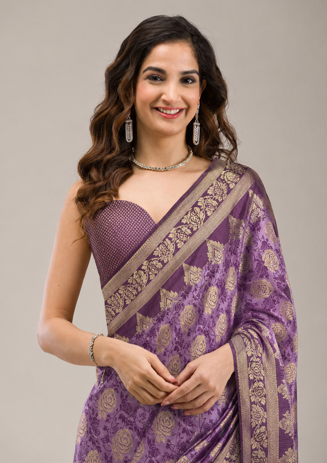 Anula Nexus Royal Purple Satin Saree With Gold Floral Weaving, Matching Unstitched Blouse Piece, Heritage Border & Designer Tassel Pallu-01
