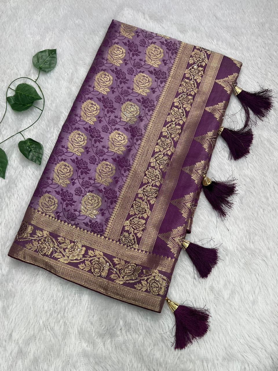 Anula Nexus Royal Purple Satin Saree With Gold Floral Weaving, Matching Unstitched Blouse Piece, Heritage Border & Designer Tassel Pallu-1
