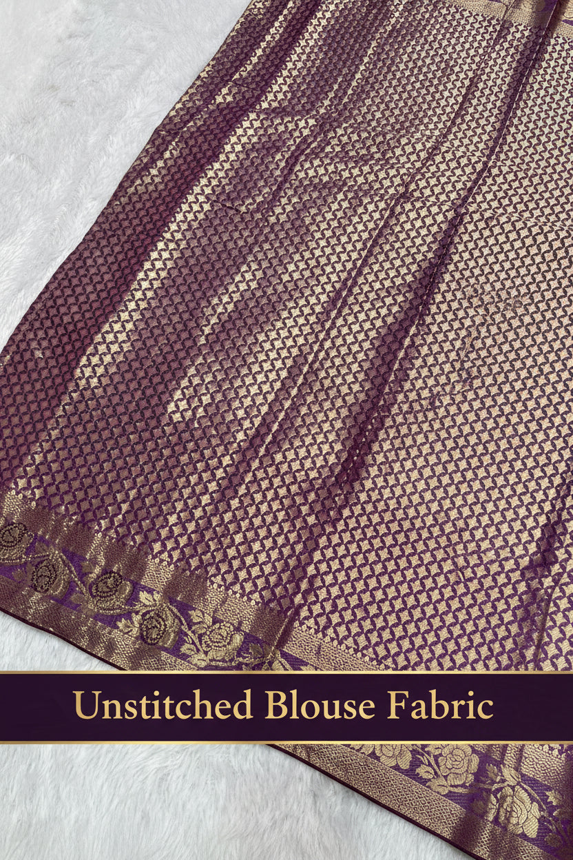 Anula Nexus Royal Purple Satin Saree With Gold Floral Weaving, Matching Unstitched Blouse Piece, Heritage Border & Designer Tassel Pallu-2