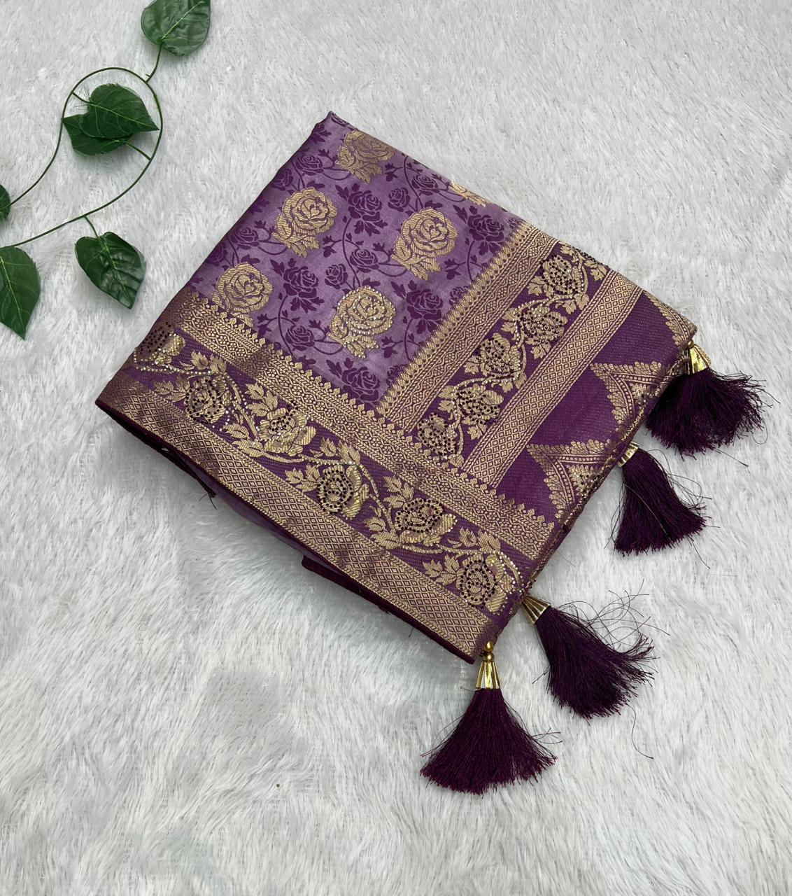 Anula Nexus Royal Purple Satin Saree With Gold Floral Weaving, Matching Unstitched Blouse Piece, Heritage Border & Designer Tassel Pallu-3