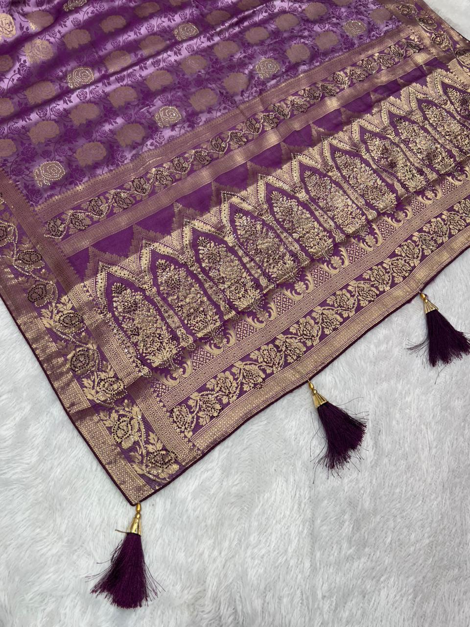 Anula Nexus Royal Purple Satin Saree With Gold Floral Weaving, Matching Unstitched Blouse Piece, Heritage Border & Designer Tassel Pallu-4