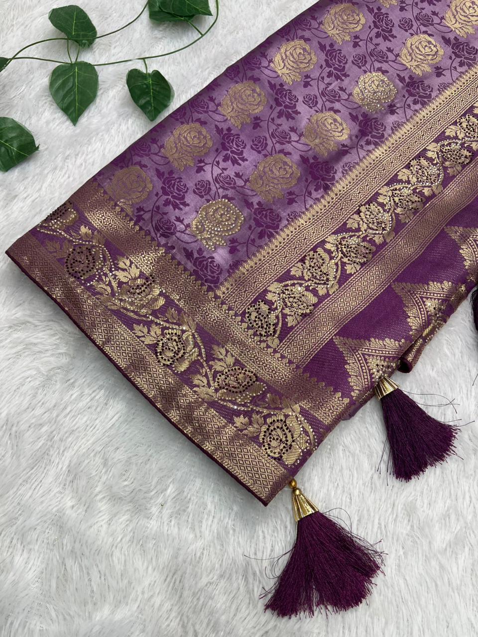 Anula Nexus Royal Purple Satin Saree With Gold Floral Weaving, Matching Unstitched Blouse Piece, Heritage Border & Designer Tassel Pallu-6
