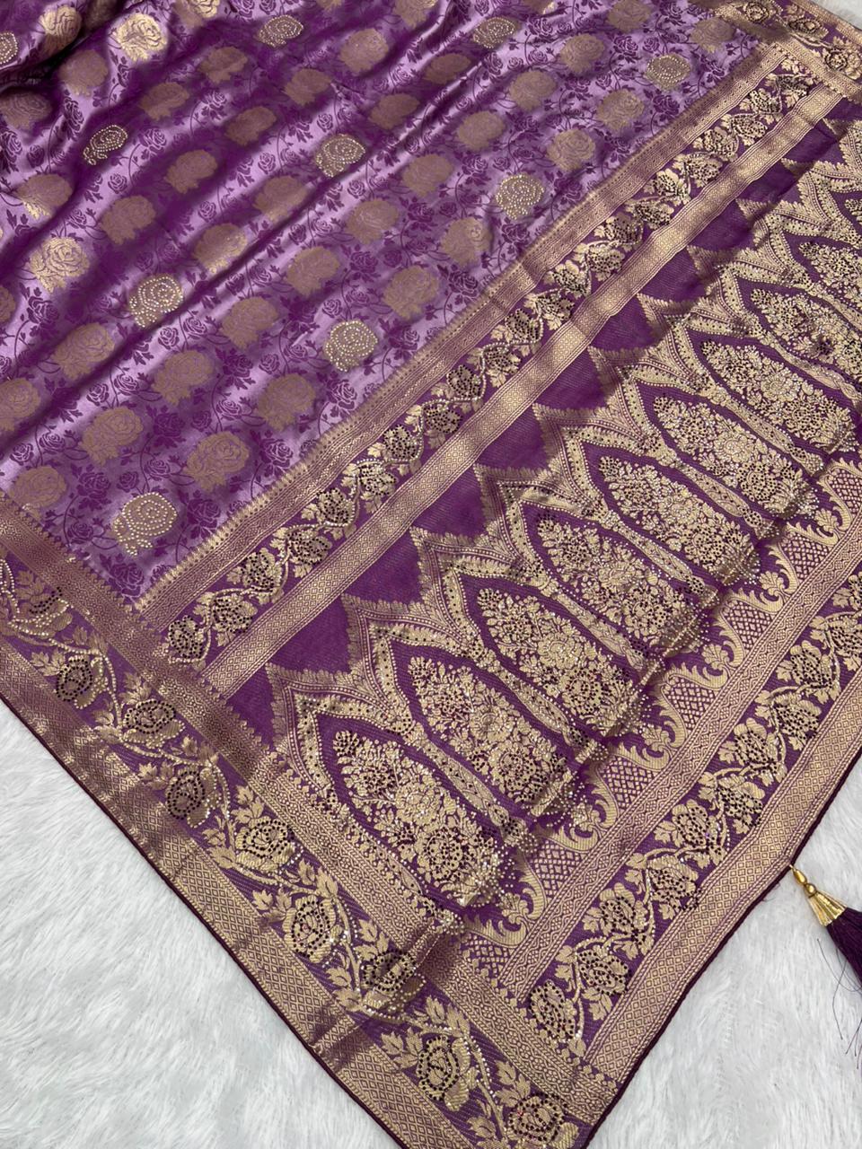 Anula Nexus Royal Purple Satin Saree With Gold Floral Weaving, Matching Unstitched Blouse Piece, Heritage Border & Designer Tassel Pallu-8