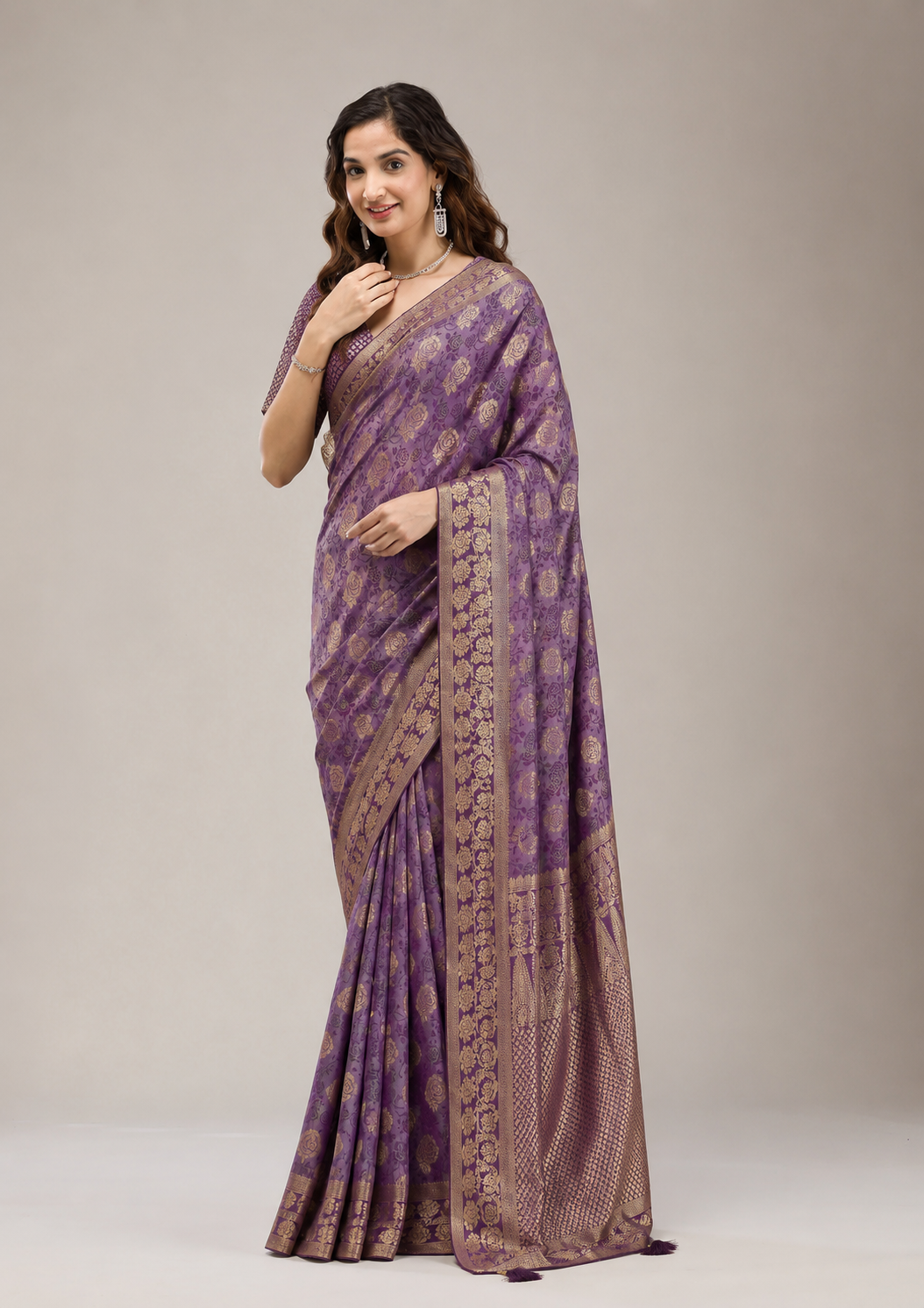 Anula Nexus Royal Purple Satin Saree With Gold Floral Weaving, Matching Unstitched Blouse Piece, Heritage Border & Designer Tassel Pallu