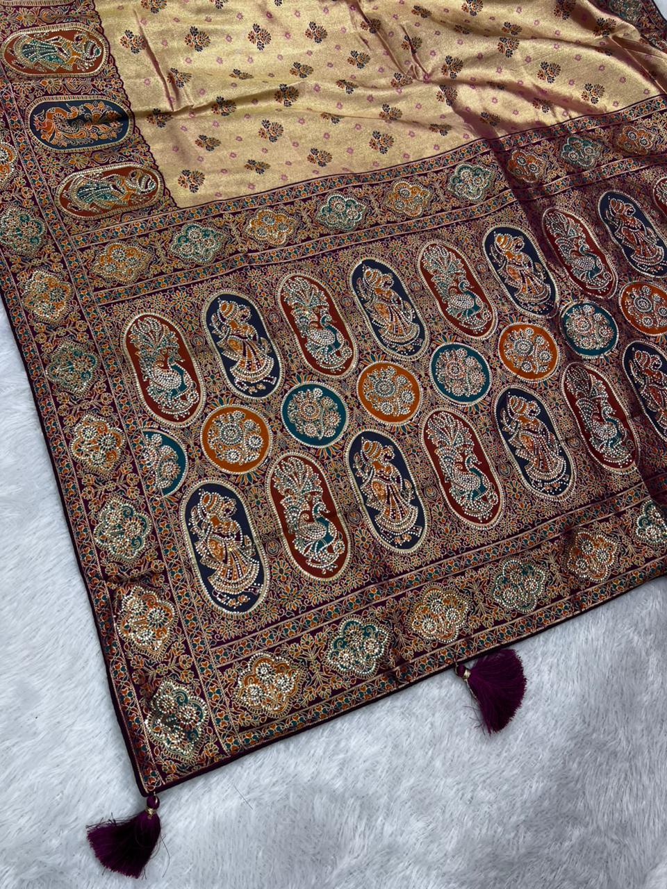 Anula Nexus Royal Wine Gold Position Tissue Saree With Heritage Motifs, Designer Woven Border, Tassel Pallu & Unstitched Blouse Piece-3