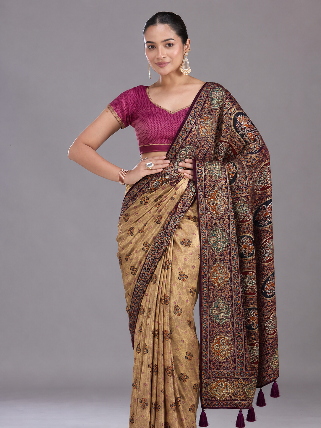 Anula Nexus Royal Wine Gold Position Tissue Saree With Heritage Motifs, Designer Woven Border, Tassel Pallu & Unstitched Blouse Piece