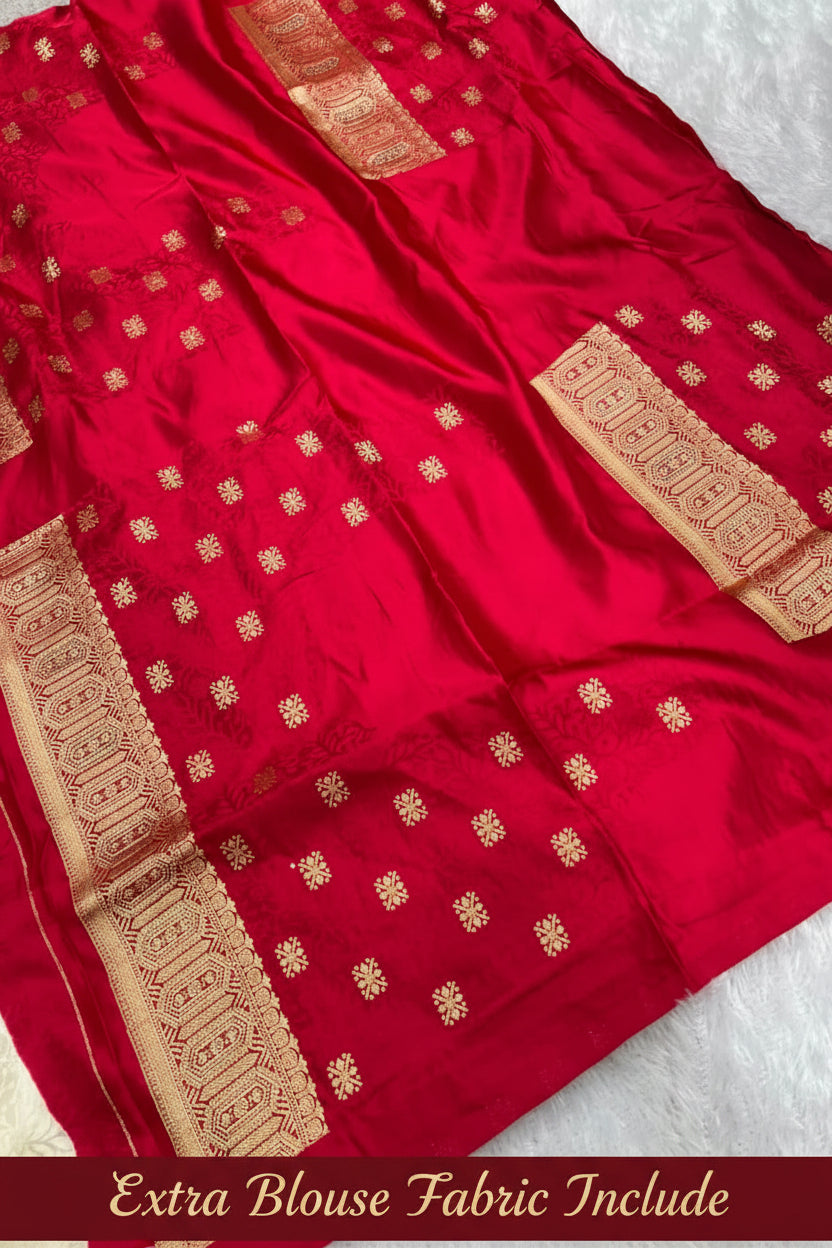 Anula Nexus Royal Zarkhan Viscose Satin Saree With Heavy Embroidered Stitched Blouse & Unstitched Blouse Piece (Ivory White & Ruby Red)-1