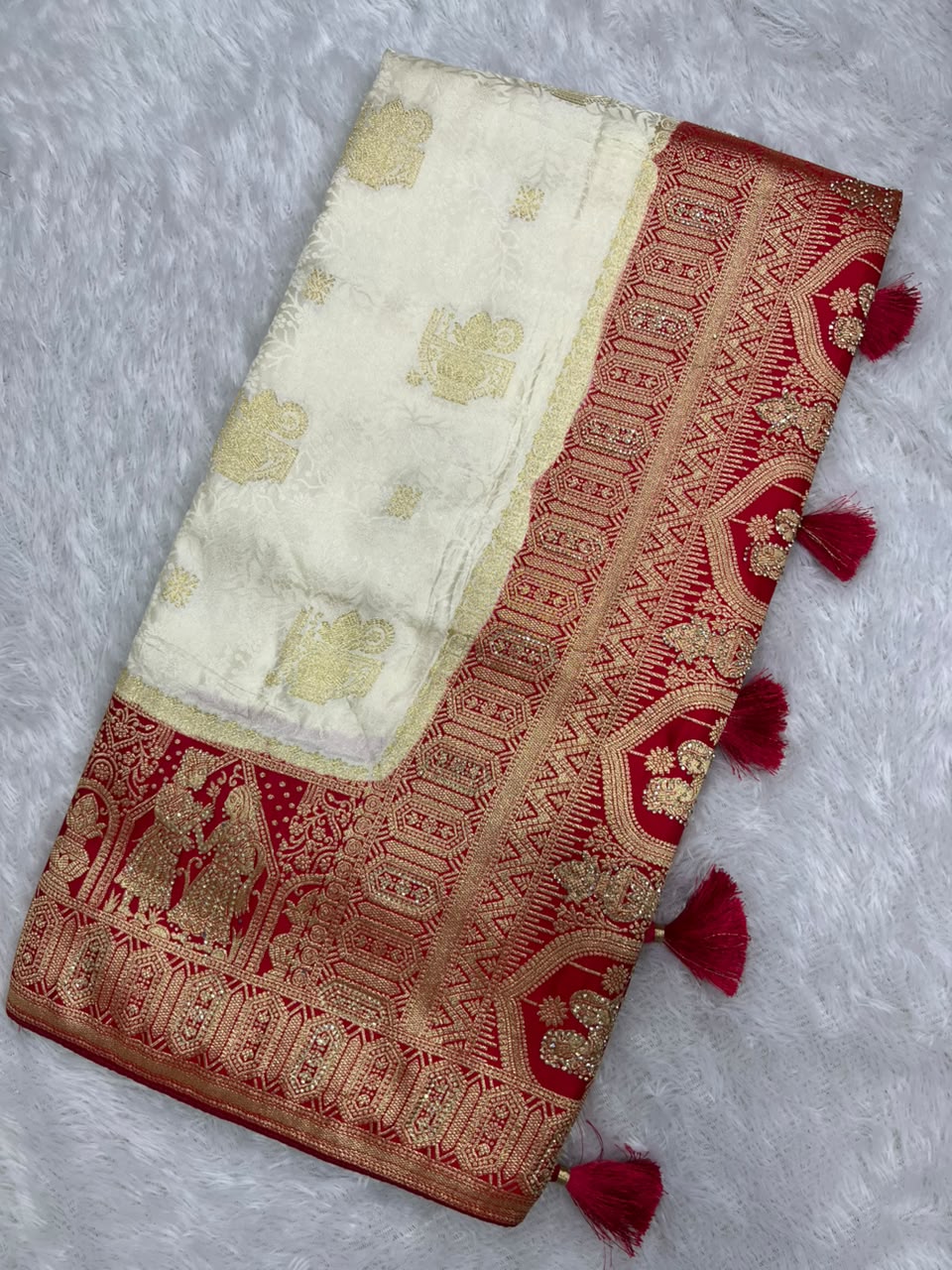 Anula Nexus Royal Zarkhan Viscose Satin Saree With Heavy Embroidered Stitched Blouse & Unstitched Blouse Piece (Ivory White & Ruby Red)-5