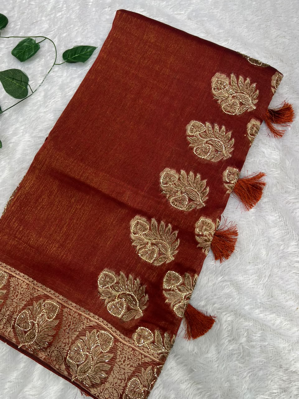 Anula Nexus Rust Orange Premium Linen Saree With Heavy Handwork, Designer Woven Border & Tassel Detailing, Matching Unstitched Blouse Piece Included-1