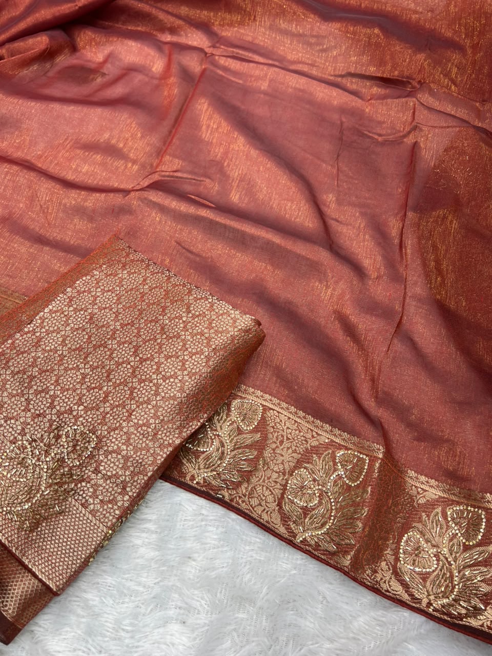 Anula Nexus Rust Orange Premium Linen Saree With Heavy Handwork, Designer Woven Border & Tassel Detailing, Matching Unstitched Blouse Piece Included-2
