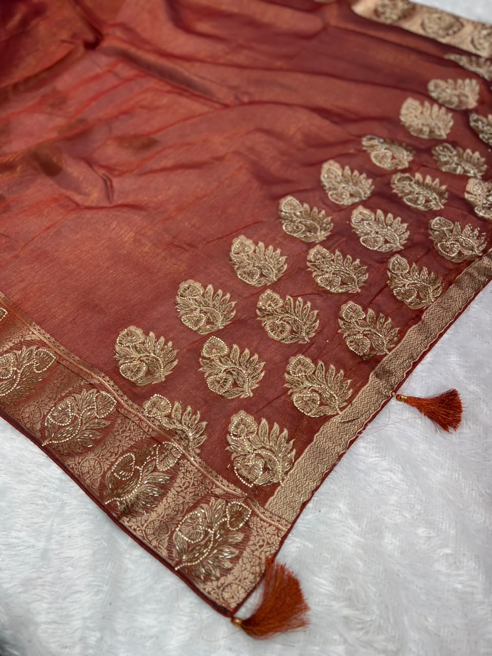 Anula Nexus Rust Orange Premium Linen Saree With Heavy Handwork, Designer Woven Border & Tassel Detailing, Matching Unstitched Blouse Piece Included-3