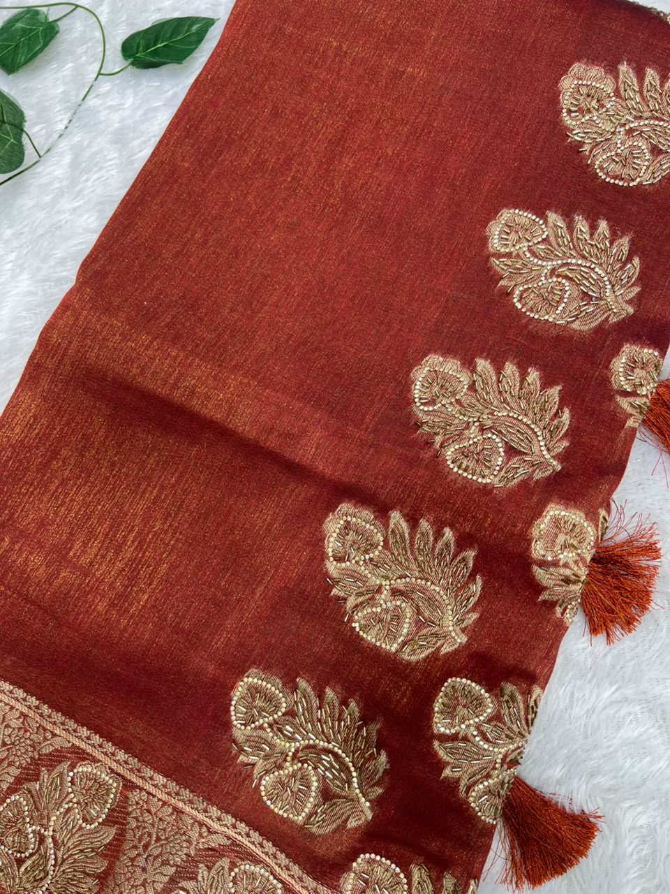 Anula Nexus Rust Orange Premium Linen Saree With Heavy Handwork, Designer Woven Border & Tassel Detailing, Matching Unstitched Blouse Piece Included-4