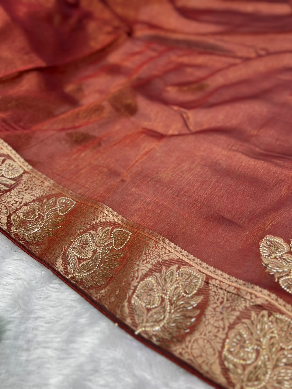 Anula_Nexus_Rust_Orange_Premium_Linen_Saree_With_Heavy_Handwork_Designer_Woven_Border_Tassel_Detailing_Matching_Unstitched_Blouse_Piece_Included-5