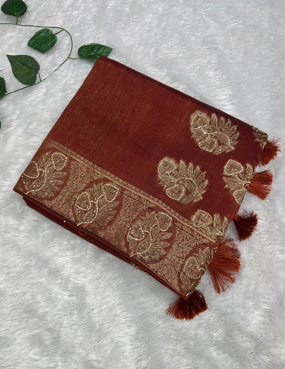 Anula Nexus Rust Orange Premium Linen Saree With Heavy Handwork, Designer Woven Border & Tassel Detailing, Matching Unstitched Blouse Piece Included
