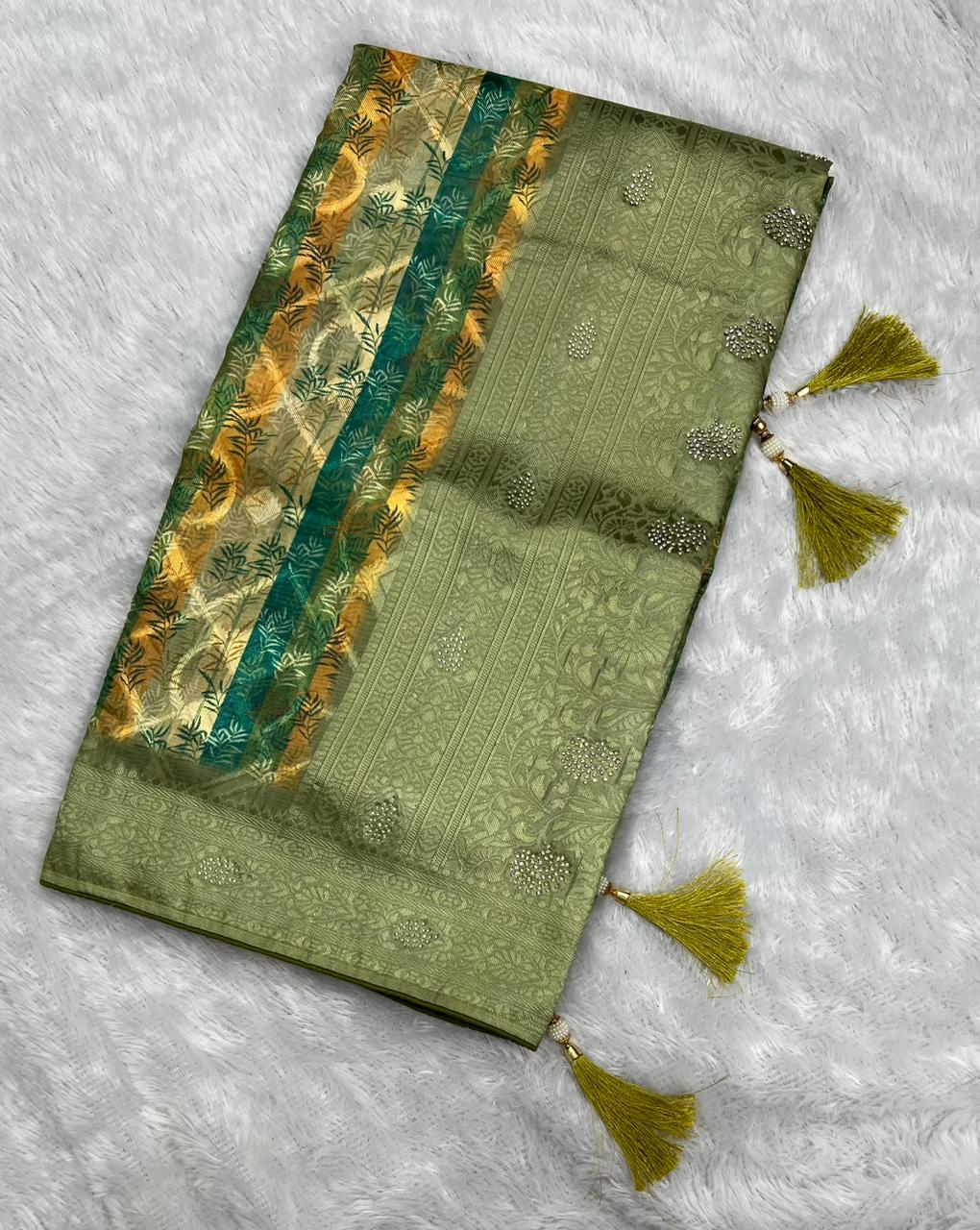 Anula Nexus Sage Green Cotton Saree With Printed Pallu, Stone Work,Tassel Detailing & Unstitched Blouse Piece-1