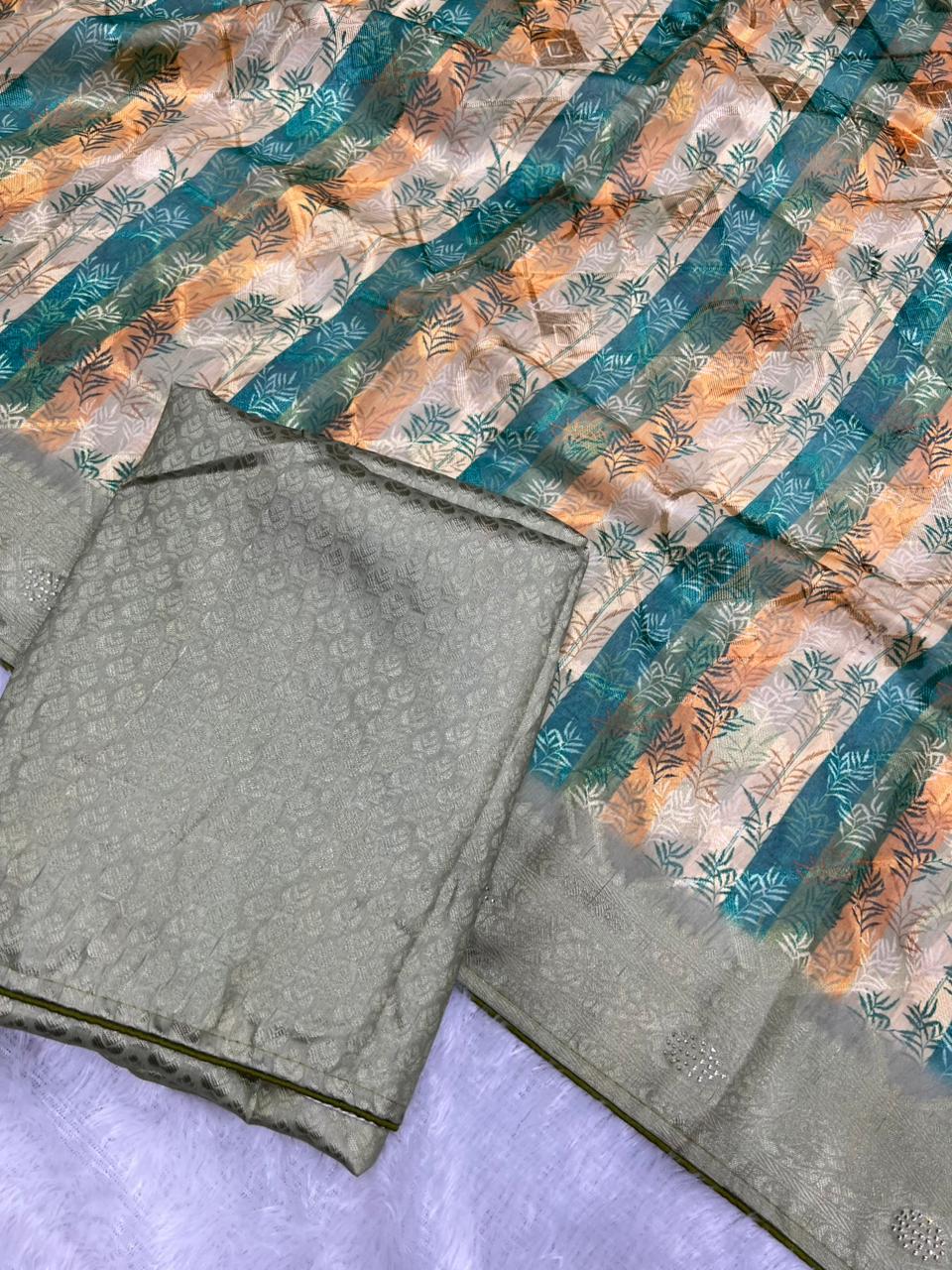 Anula Nexus Sage Green Cotton Saree With Printed Pallu, Stone Work,Tassel Detailing & Unstitched Blouse Piece-2