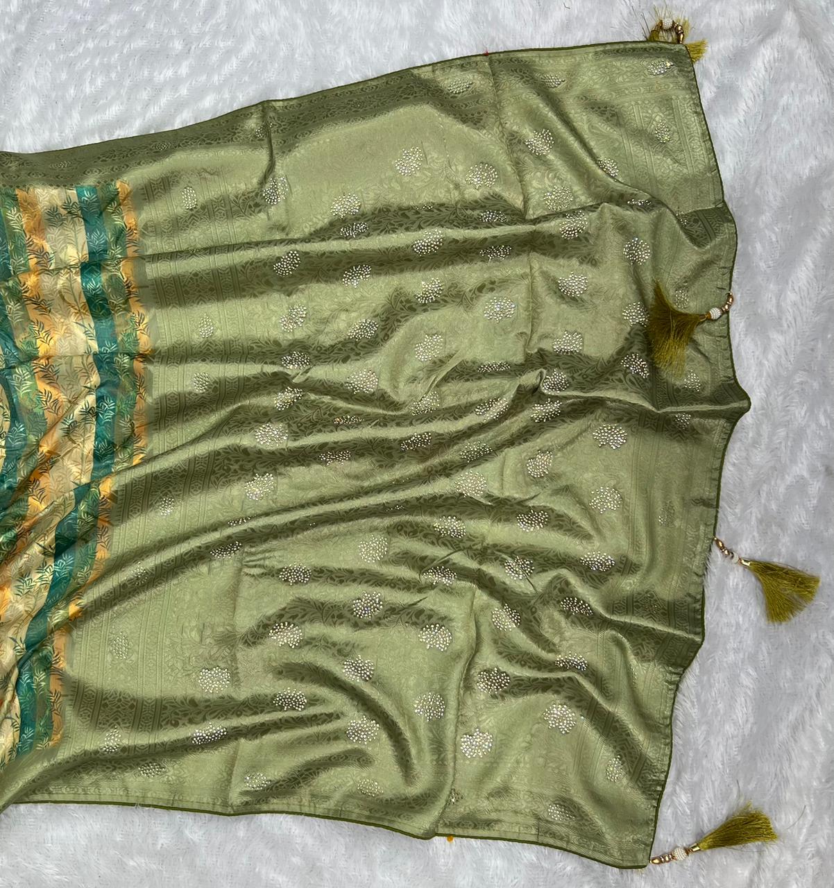 Anula Nexus Sage Green Cotton Saree With Printed Pallu, Stone Work,Tassel Detailing & Unstitched Blouse Piece-3