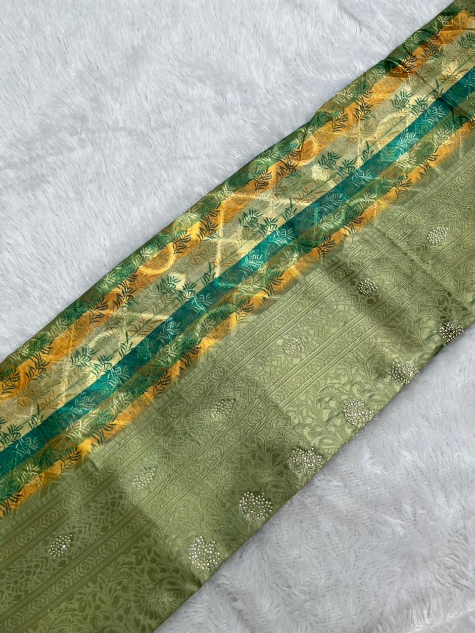 Anula Nexus Sage Green Cotton Saree With Printed Pallu, Stone Work,Tassel Detailing & Unstitched Blouse Piece-4