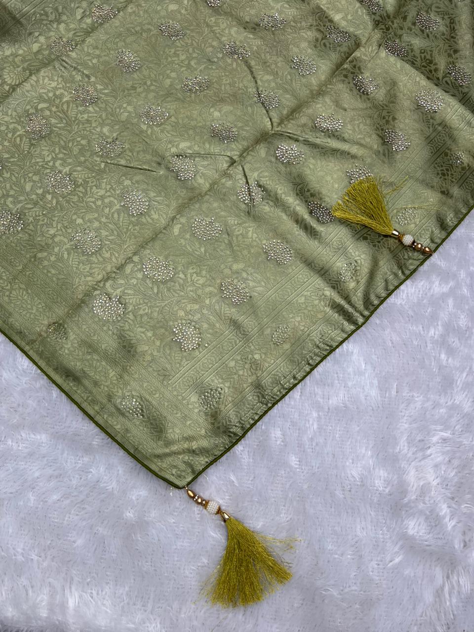 Anula Nexus Sage Green Cotton Saree With Printed Pallu, Stone Work,Tassel Detailing & Unstitched Blouse Piece-5