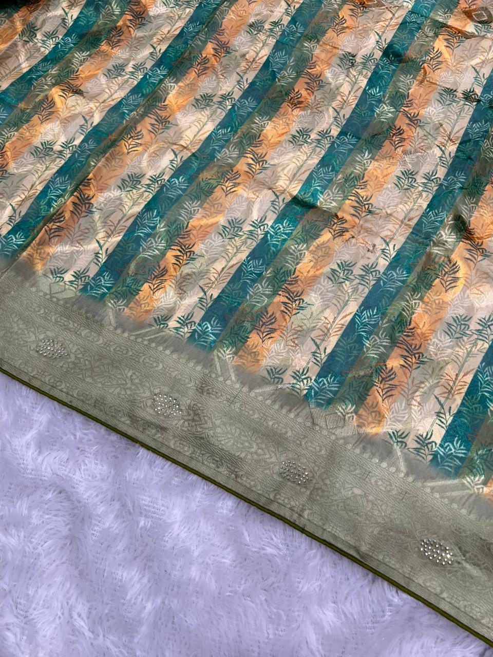 Anula Nexus Sage Green Cotton Saree With Printed Pallu, Stone Work,Tassel Detailing & Unstitched Blouse Piece-6