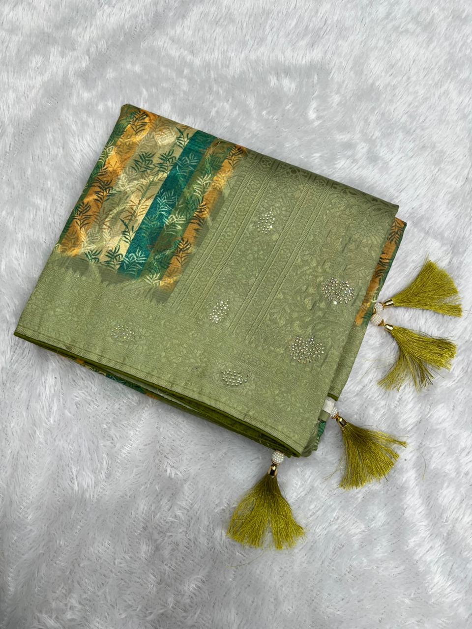 Anula Nexus Sage Green Cotton Saree With Printed Pallu, Stone Work,Tassel Detailing & Unstitched Blouse Piece
