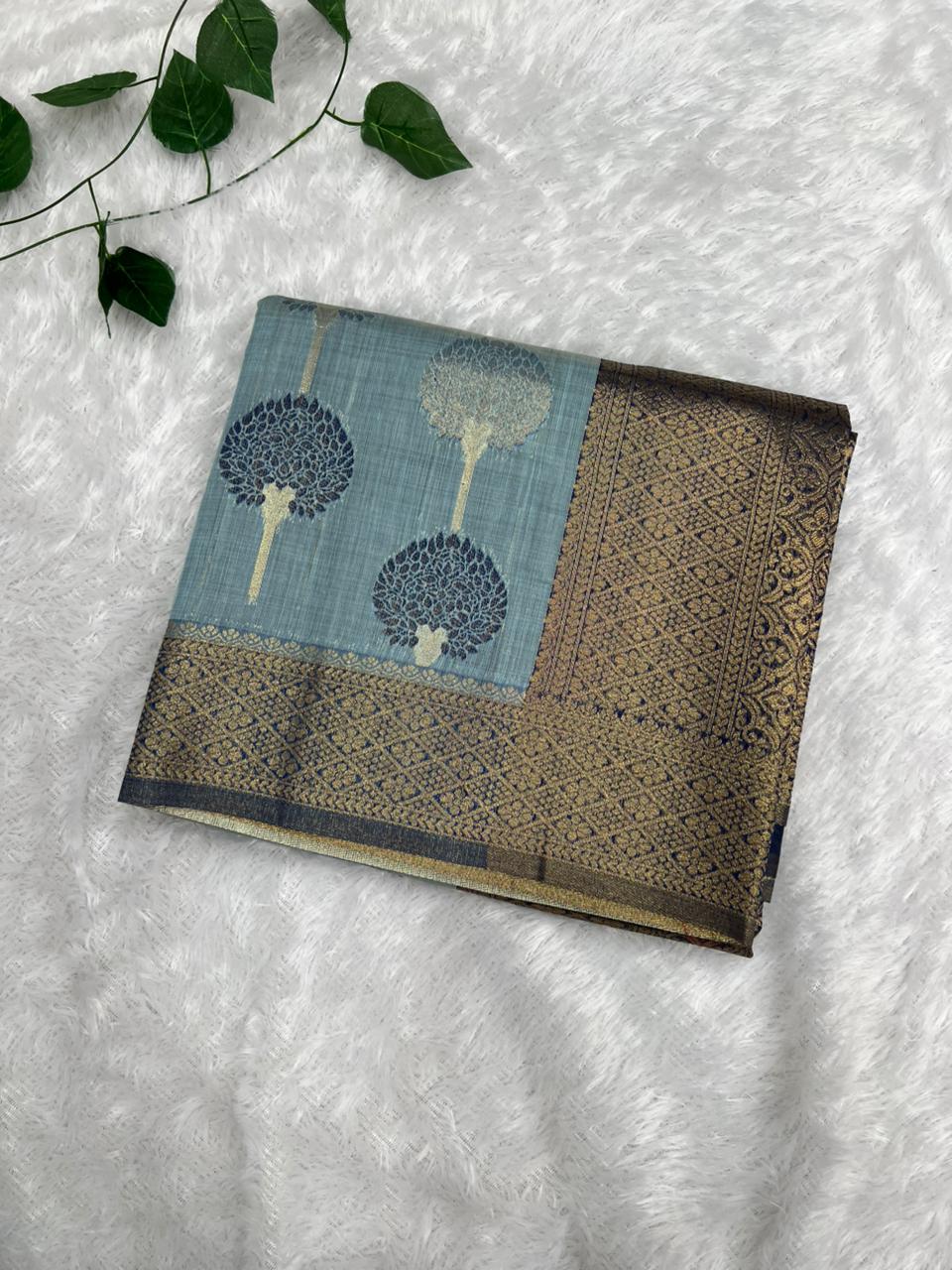 Anula Nexus Sky Blue Cotton Saree With Woven Tree Motifs, Navy Blue Zari Border & Matching Unstitched Blouse Piece-1