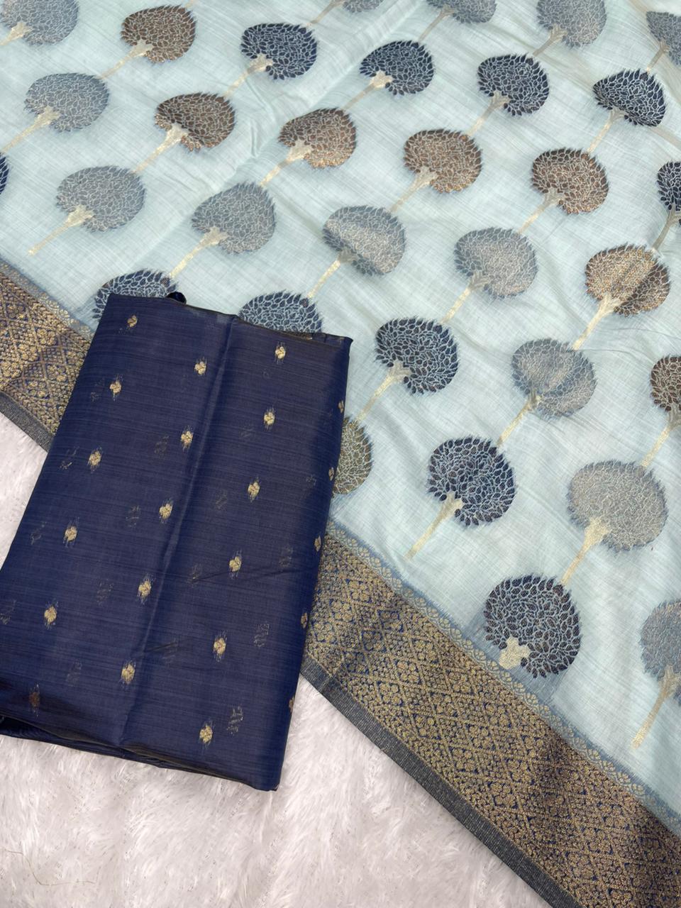 Anula Nexus Sky Blue Cotton Saree With Woven Tree Motifs, Navy Blue Zari Border & Matching Unstitched Blouse Piece-2