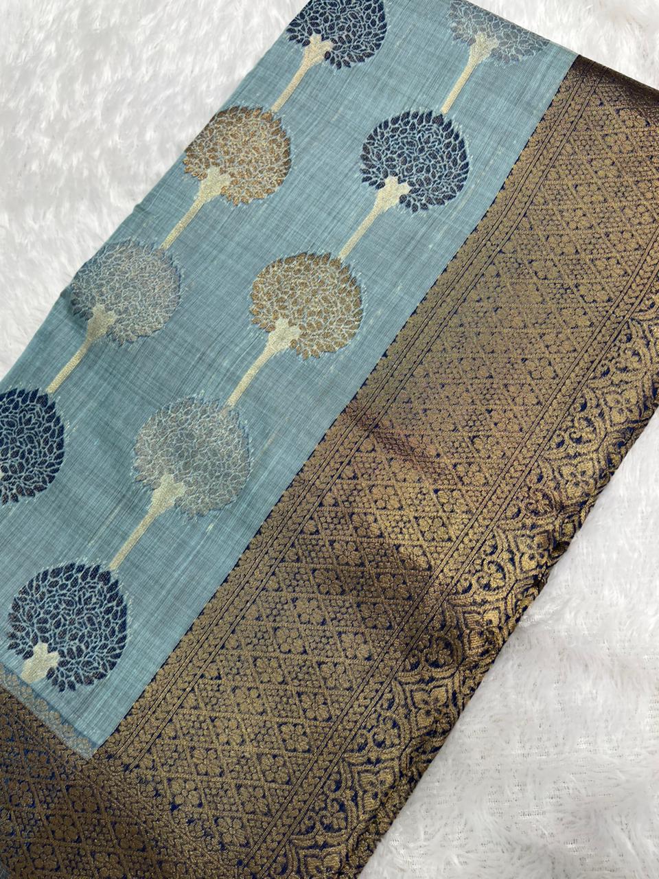 Anula Nexus Sky Blue Cotton Saree With Woven Tree Motifs, Navy Blue Zari Border & Matching Unstitched Blouse Piece-3