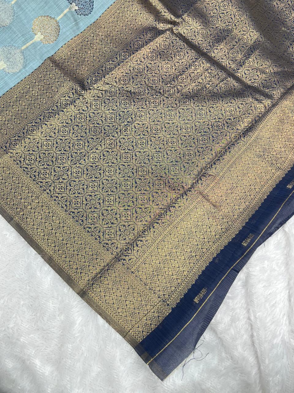 Anula Nexus Sky Blue Cotton Saree With Woven Tree Motifs, Navy Blue Zari Border & Matching Unstitched Blouse Piece-4