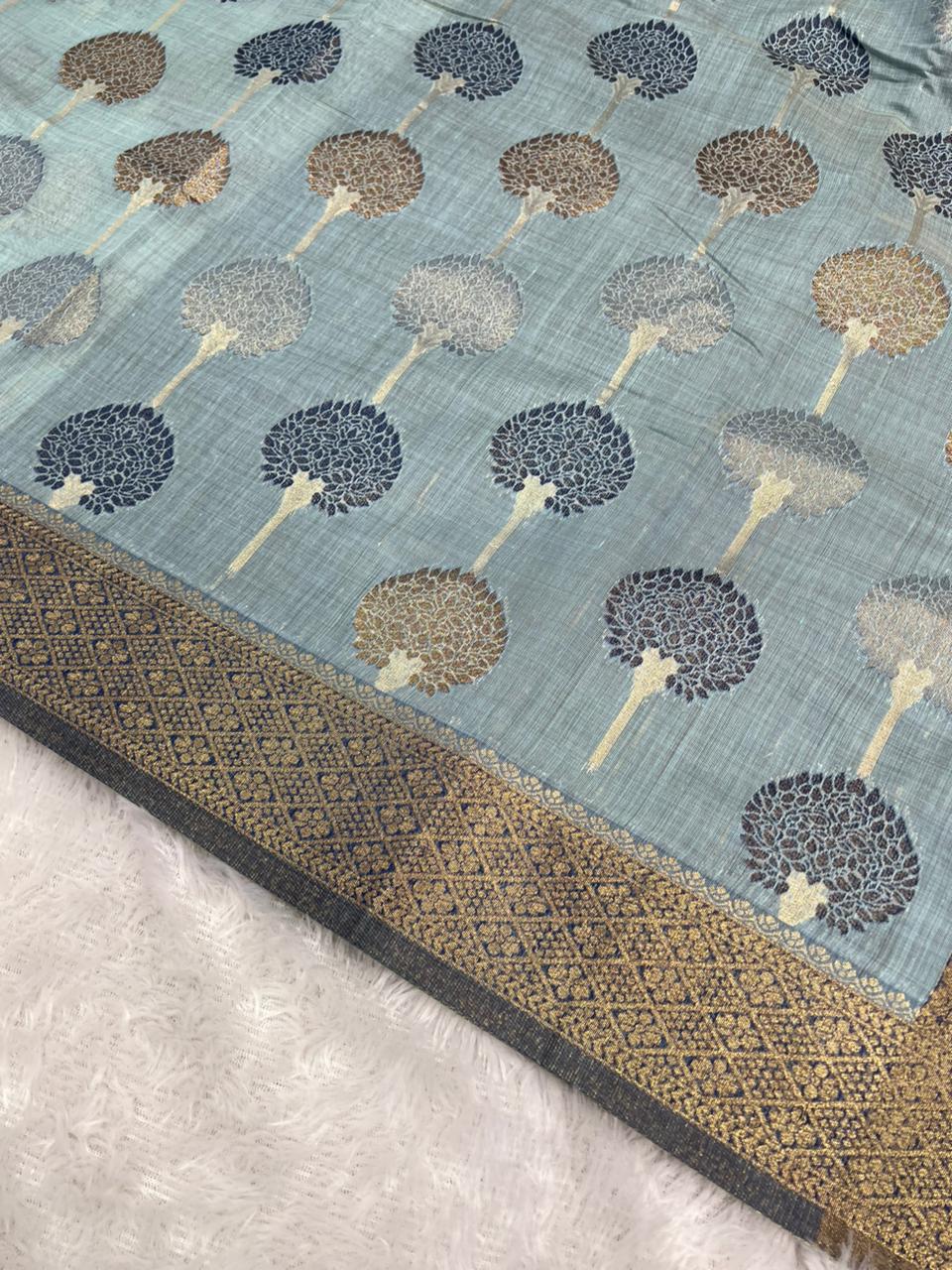 Anula Nexus Sky Blue Cotton Saree With Woven Tree Motifs, Navy Blue Zari Border & Matching Unstitched Blouse Piece-5