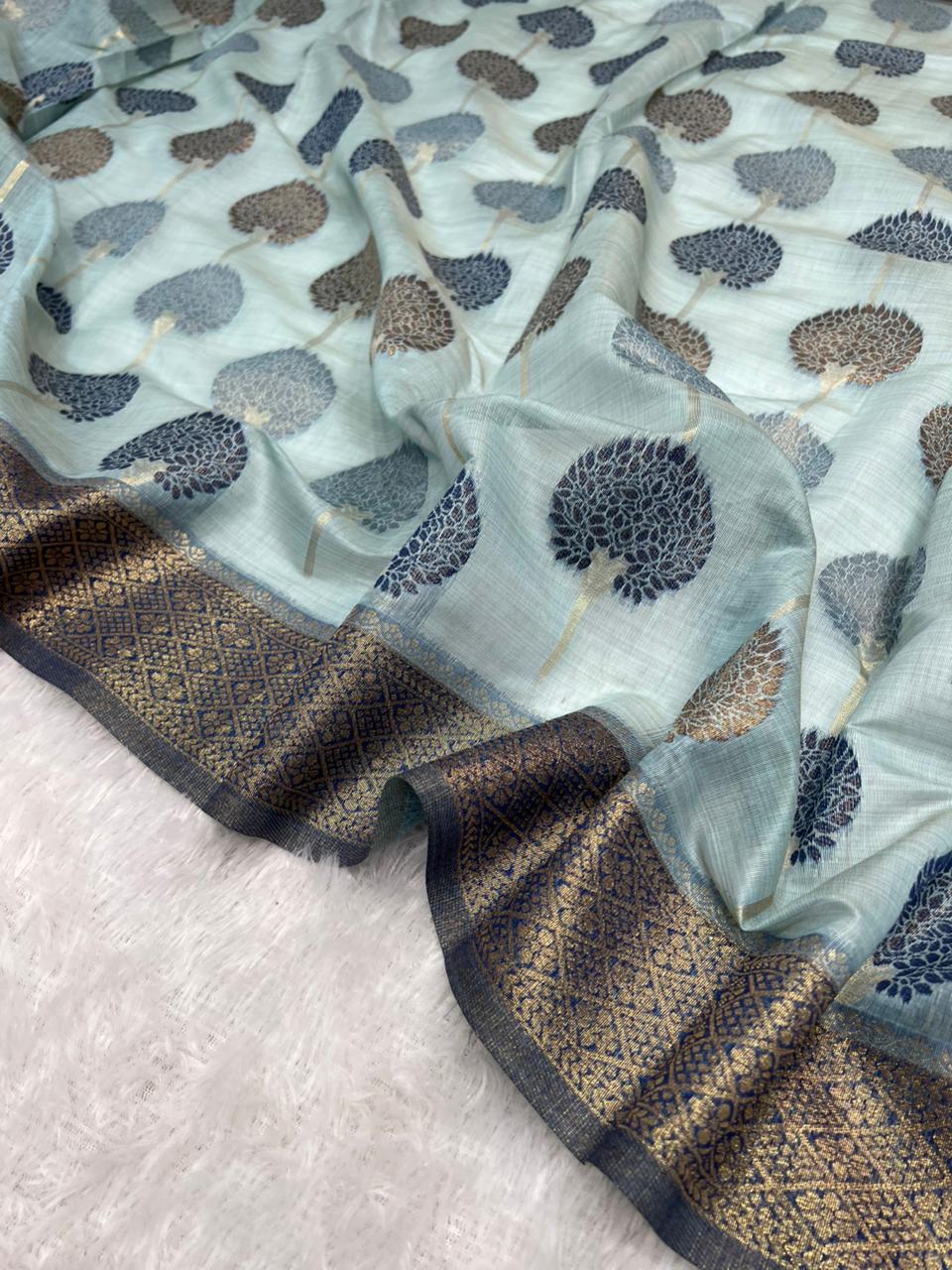 Anula Nexus Sky Blue Cotton Saree With Woven Tree Motifs, Navy Blue Zari Border & Matching Unstitched Blouse Piece-6