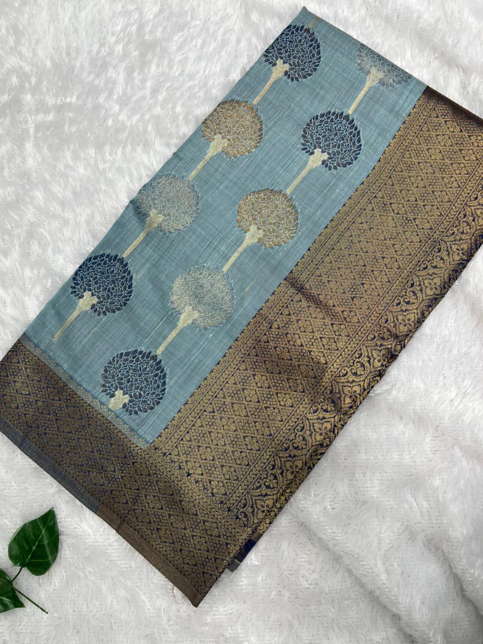 Anula Nexus Sky Blue Cotton Saree With Woven Tree Motifs, Navy Blue Zari Border & Matching Unstitched Blouse Piece
