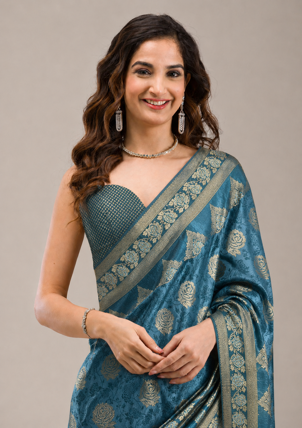 Anula Nexus Teal Blue Satin Saree With Floral Rose Butta, Rich Heritage Border, Designer Pallu & Unstitched Blouse-1