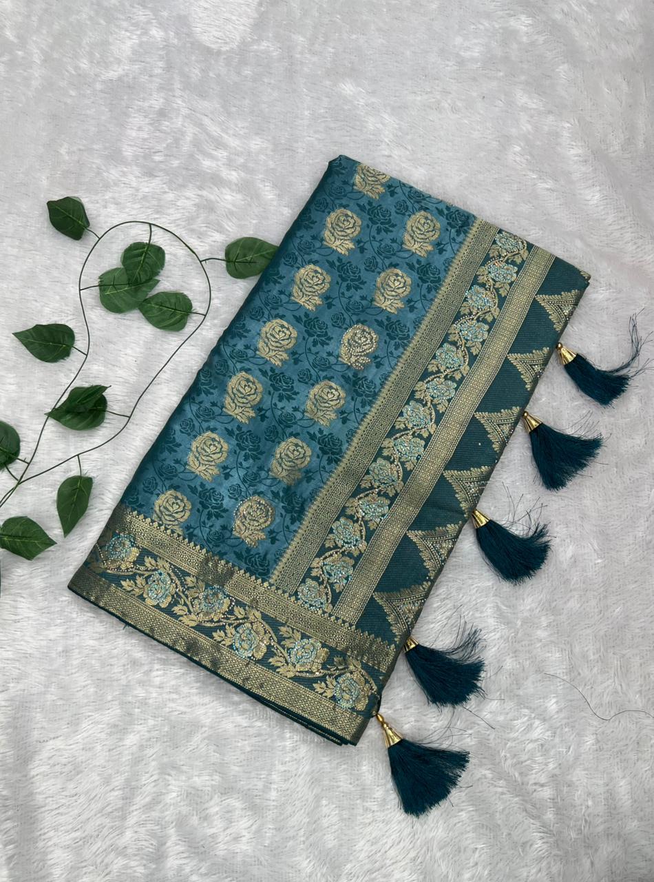 Anula Nexus Teal Blue Satin Saree With Floral Rose Butta, Rich Heritage Border, Designer Pallu & Unstitched Blouse-2
