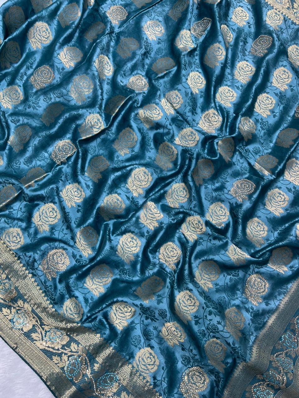 Anula Nexus Teal Blue Satin Saree With Floral Rose Butta, Rich Heritage Border, Designer Pallu & Unstitched Blouse-5