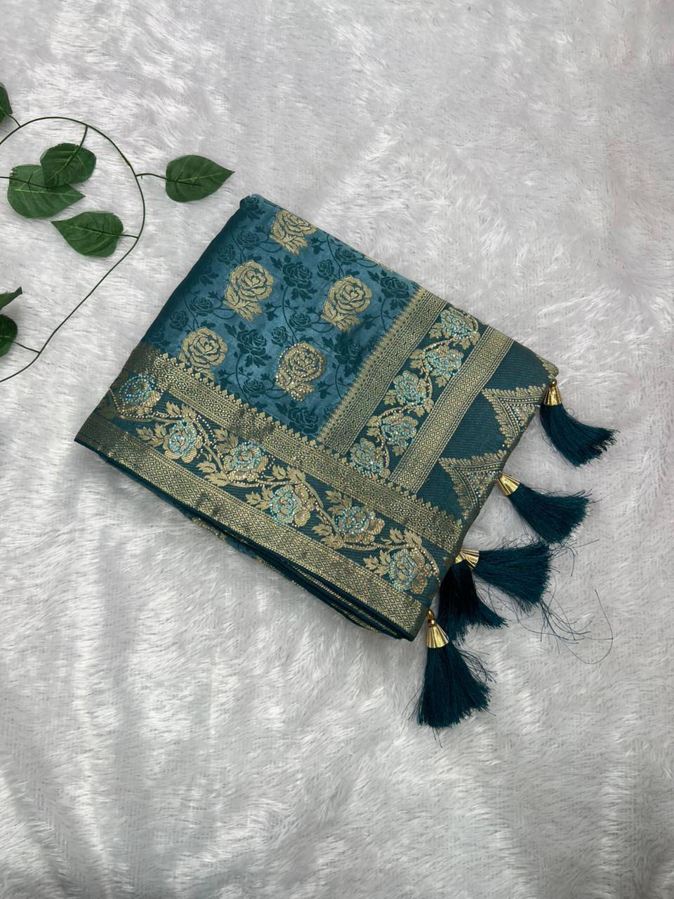 Anula Nexus Teal Blue Satin Saree With Floral Rose Butta, Rich Heritage Border, Designer Pallu & Unstitched Blouse-6